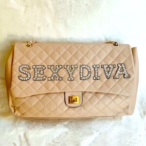 Gorgeous beige quilted Sexy Diva rhinestone shoulder travel bag gold chain